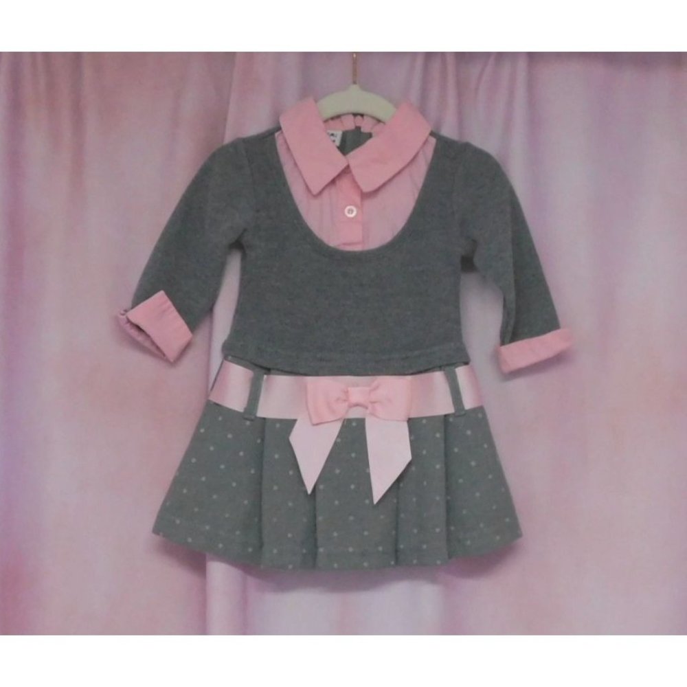 BLUEBERI BOULEVARD POLKA DOT PLEATED BOW SWEATER DRESS Girl 12 mo PINK GRAY